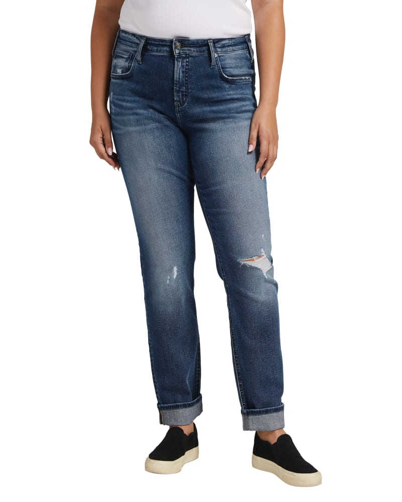 Plus size model wearing Boyfriend Mid Rise Slim Leg Jeans by Silver Jeans Co. | Dia&Co | dia_product_style_image_id:204621